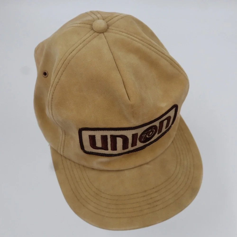 Rare Vintage Union 76 Gas Station Trucker Hat‎ Snapback Tan Faux Suede Patch Cap